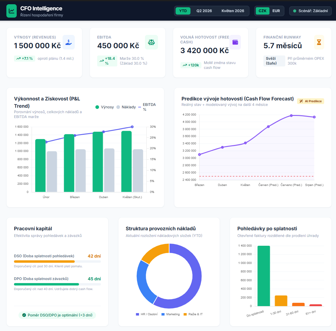 CFO Intelligence dashboard — přehled výnosů, EBITDA, cash flow, DSO/DPO a struktury nákladů